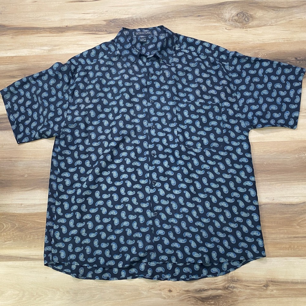 Structure Button Down Shirt XL Paisley Print 100% Silk Oversized Vintage 90s
